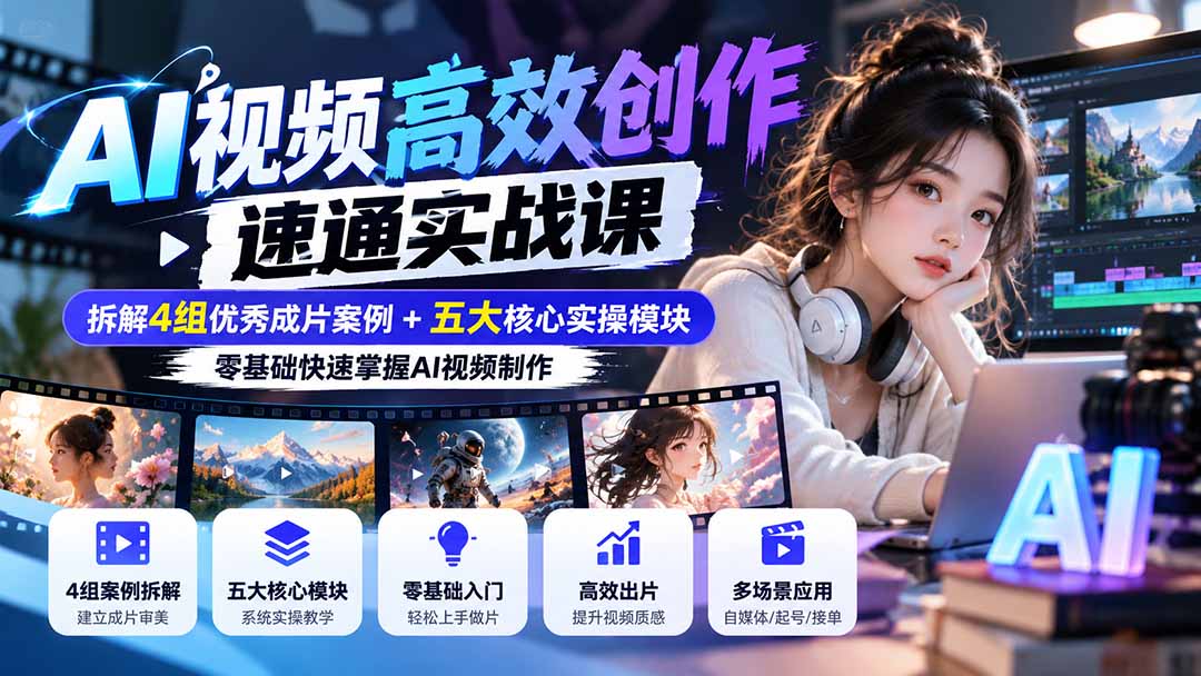 【无水印】AI视频高效创作速通实战课：拆解4组优秀成片案例+五大核心实操模块，零基础快速掌握AI视频制作-藏宝阁