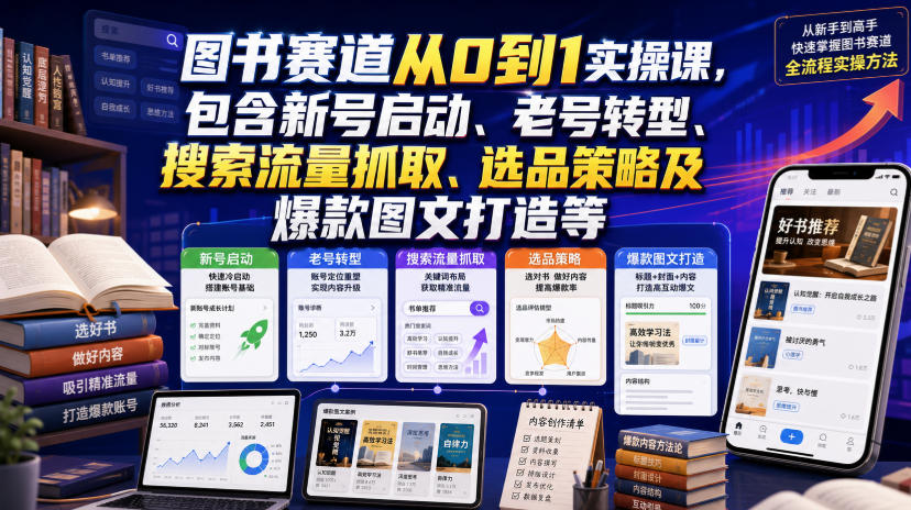 图书赛道从0到1实操课，包含新号启动、老号转型、搜索流量抓取、选品策略及爆款图文打造等-藏宝阁