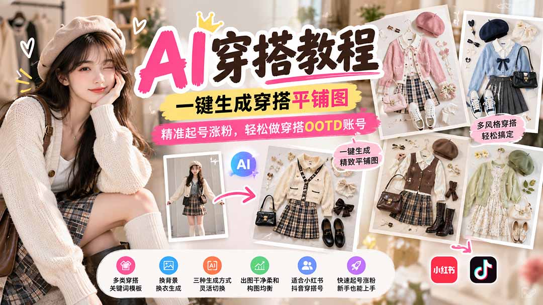 【无水印】AI穿搭教程｜一键生成穿搭平铺图，精准起号涨粉，轻松做穿搭OOTD账号-藏宝阁
