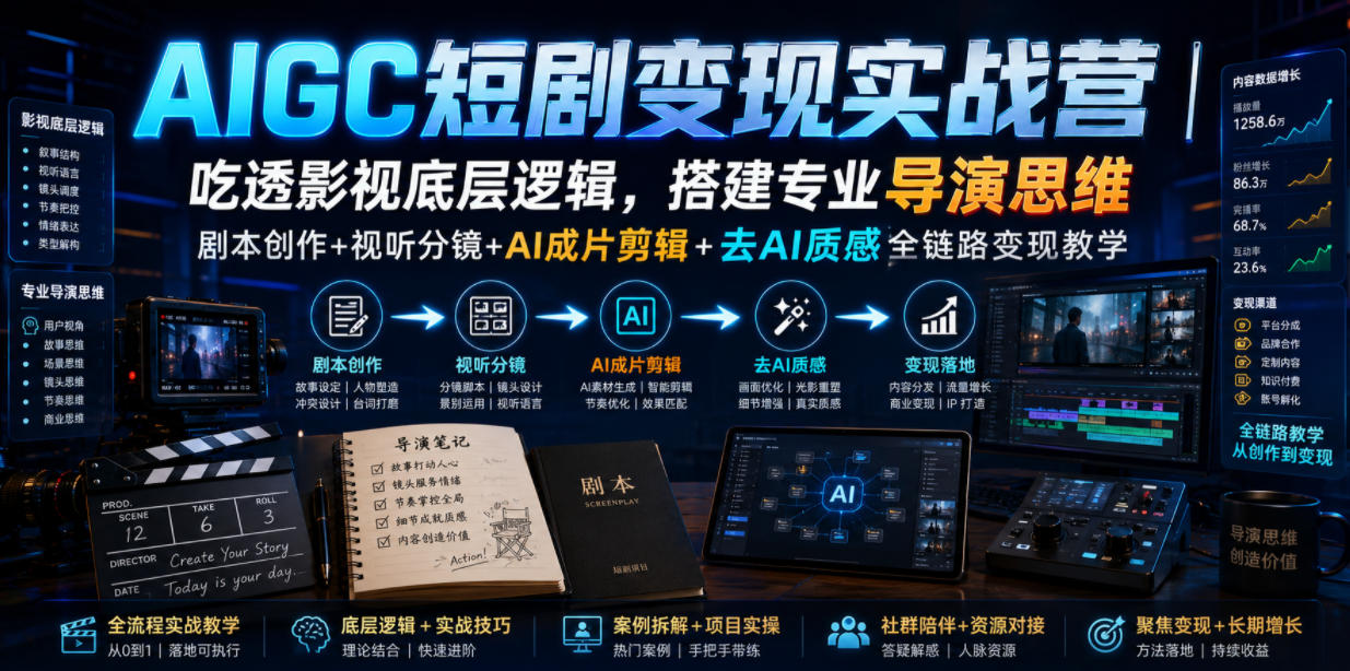 AIGC短剧变现实战营｜吃透影视底层逻辑，搭建专业导演思维，剧本创作+视听分镜+AI成片剪辑+去AI质感全链路变现教学-藏宝阁