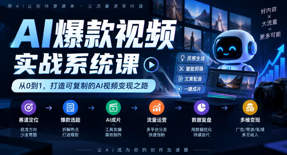 AI爆款视频实战系统课｜赛道定位、爆款选题、AI成片、流量运营、数据复盘、多维变现全链路教学-藏宝阁