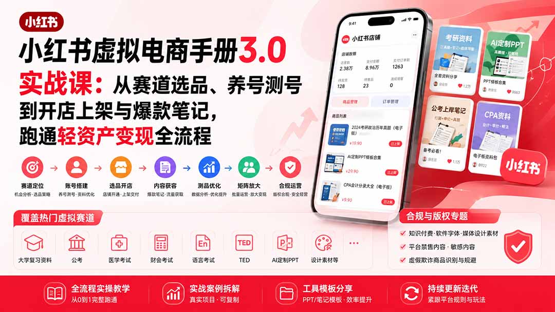 小红书虚拟电商手册3.0实战课：从赛道选品、养号测号到开店上架与爆款笔记，跑通轻资产变现全流程-藏宝阁