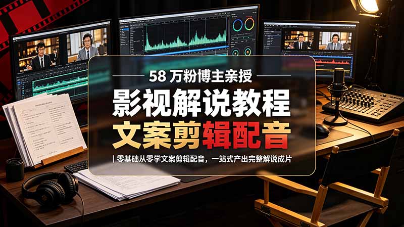 58 万粉博主荧幕春秋亲授影视解说教程｜零基础从零学文案剪辑配音，一站式产出完整解说成片-藏宝阁