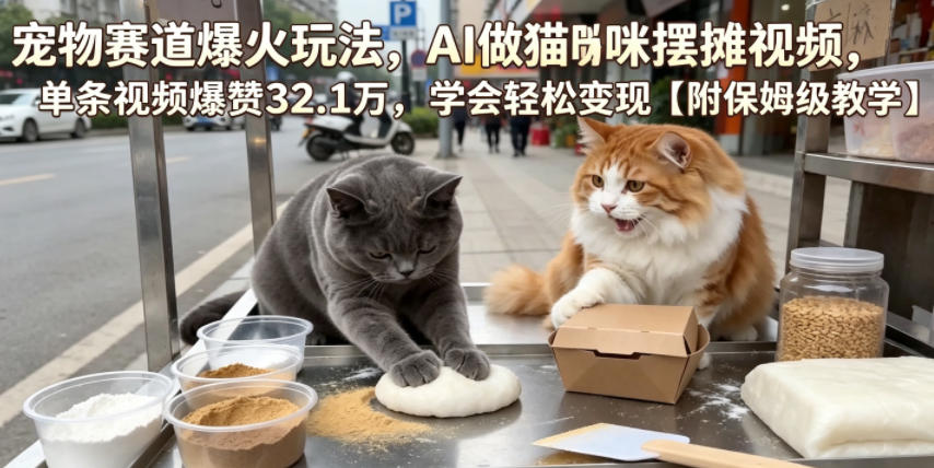 宠物赛道爆火玩法，AI做猫咪摆摊视频，单条视频爆赞32.1万，学会轻松变现【附保姆级教学】-藏宝阁