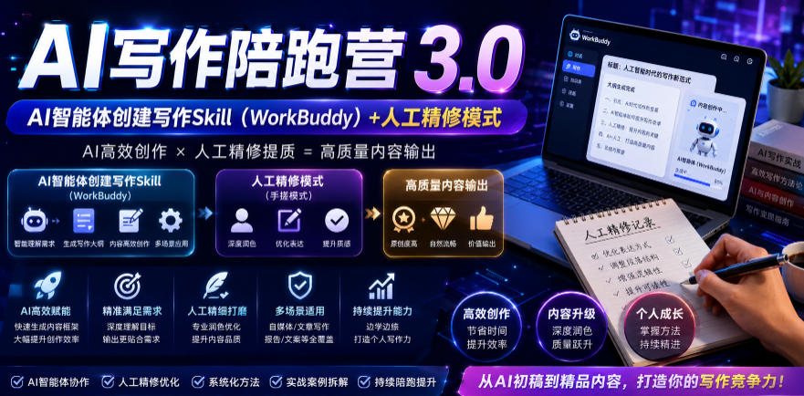 AI写作陪跑营3.0，Ai智能体创建写作skill(workbuddy)+人工手写模式(手搓模式)，去除AI痕迹(头条号、公众号、百家号)(更新0814)-藏宝阁