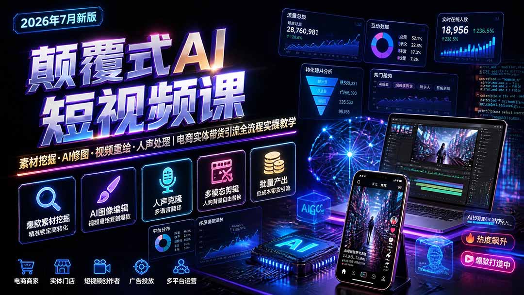 颠覆式AI短视频课｜素材挖掘，AI修图，视频重绘，人声处理｜电商实体带货引流全流程实操教学-藏宝阁