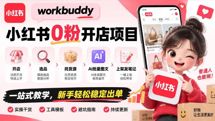 workbuddy小红书0粉开店项目，开店、选品、找货源、AI批量图文、上架发笔记一站式教学，新手轻松稳定出单-藏宝阁