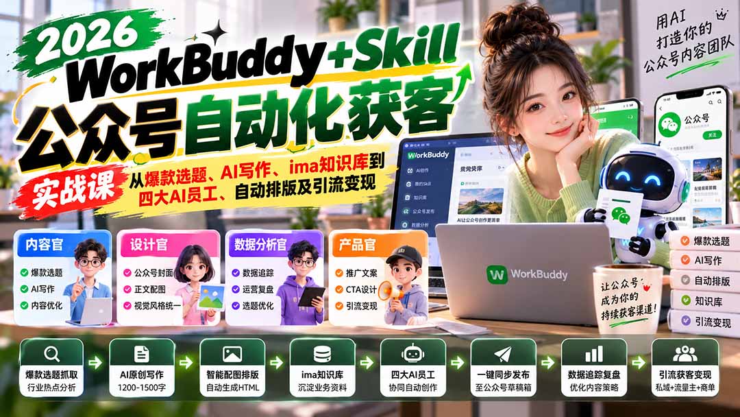 WorkBuddy + Skill公众号自动化获客实战课：从爆款选题、AI写作、ima知识库到四大AI员工、自动排版及引流变现-藏宝阁