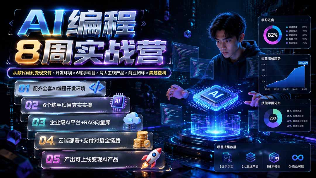 AI编程8周实战营：从敲代码到变现交付×开发环境×6练手项目×两大主线产品×商业闭环×跨越盈利-藏宝阁
