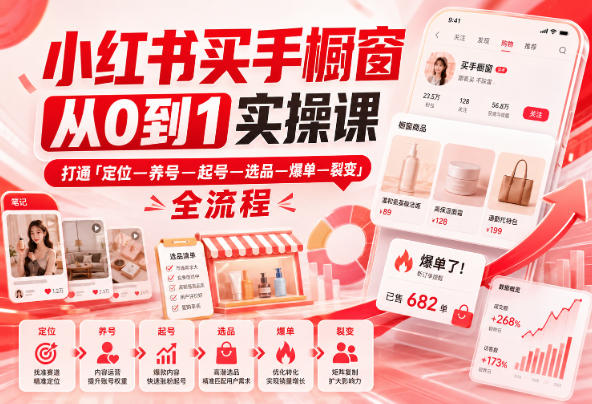 小红书买手橱窗从0到1实操课，打通「定位—养号—起号—选品—爆单—裂变」全流程-藏宝阁