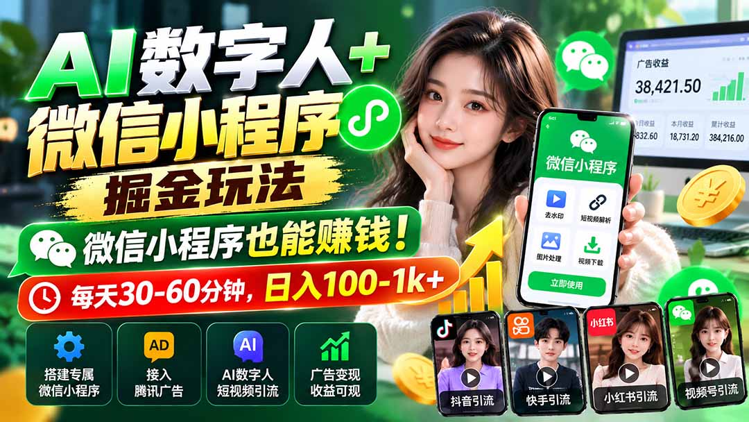AI数字人+微信小程序掘金玩法：微信小程序也能赚钱！每天30-60分钟，日入100-1k+-藏宝阁