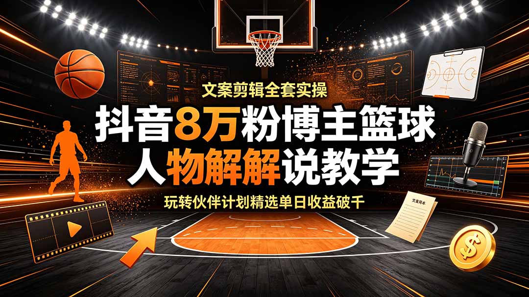 抖音8万粉博主篮球人物解说教学，文案剪辑全套实操，玩转伙伴计划精选单日收益破千-藏宝阁