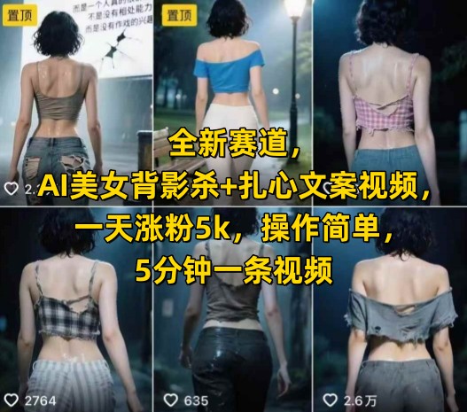 全新赛道，AI美女背影杀+扎心文案视频，一天涨粉5k，操作简单，5分钟一条视频-藏宝阁
