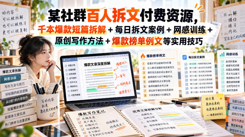 (无水印)某社群百人拆文付费资源，千本爆款短篇拆解+每日拆文案例+网感训练+原创写作方法+爆款榜单例文等实用技巧(更新1009)-藏宝阁