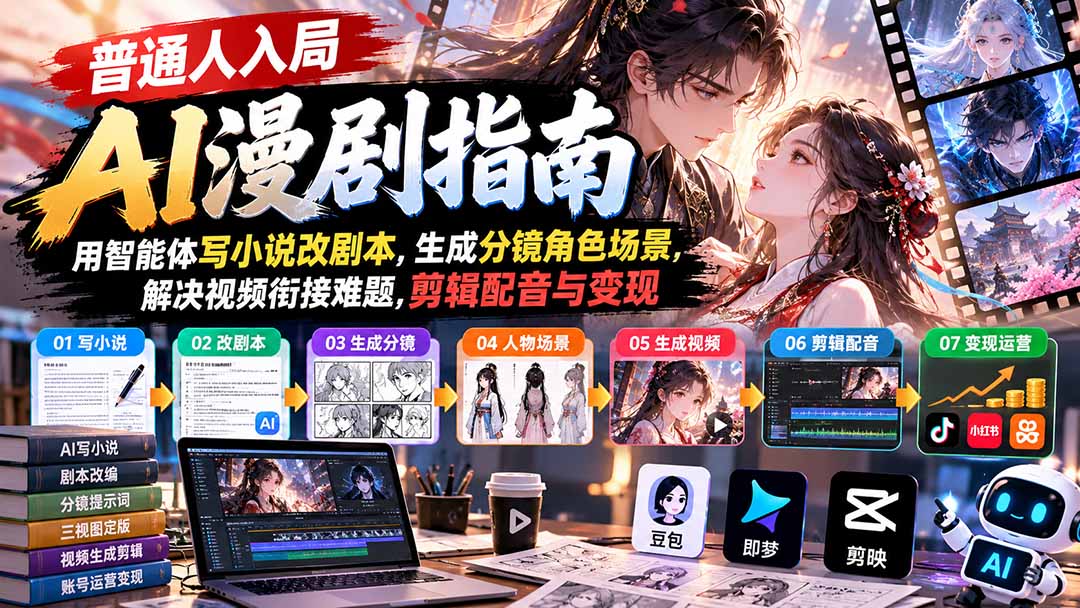 【无水印】普通人入局AI漫剧指南：用智能体写小说改剧本，生成分镜角色场景，解决视频衔接难题，剪辑配音与变现-藏宝阁