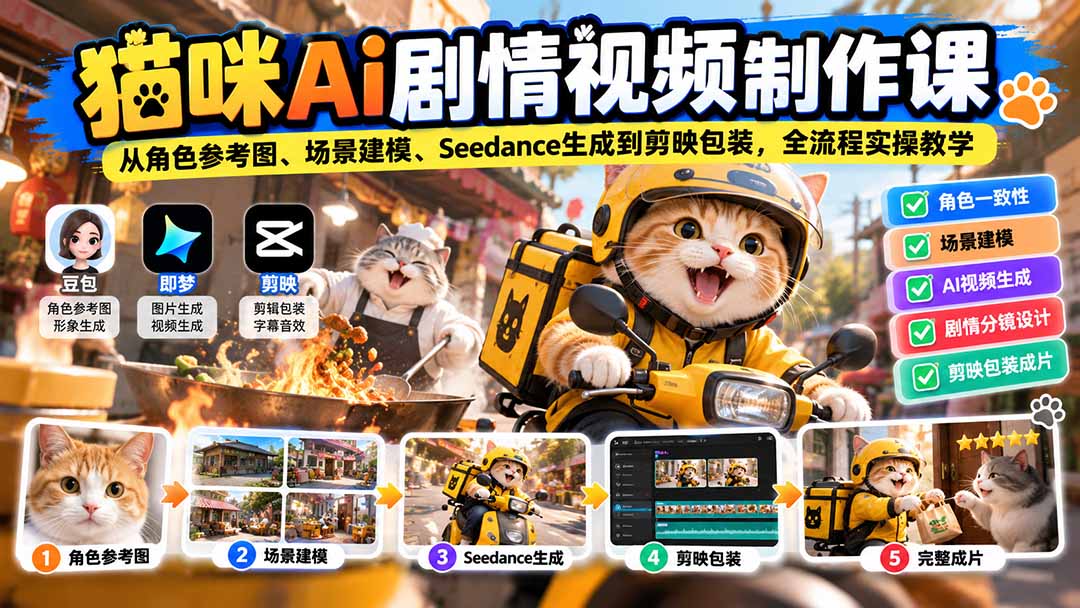 猫咪AI剧情视频制作课：从角色参考图、场景建模、Seedance生成到剪映包装，全流程实操教学-藏宝阁