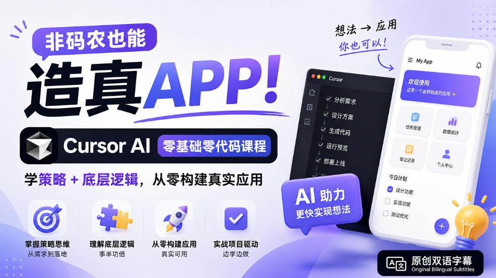 非码农也能造真APP！Cursor AI零基础零代码课程：学策略+底层逻辑，从零构建真实应用【原创双语字幕】-藏宝阁