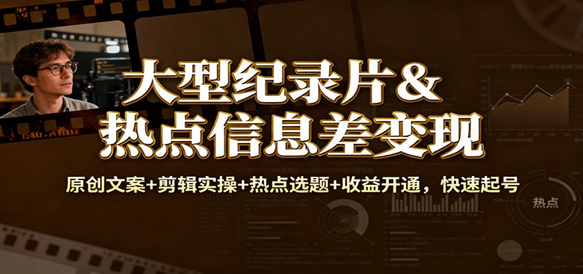 大型纪录片&热点信息差变现：原创文案+剪辑实操+热点选题+收益开通，快速起号-藏宝阁