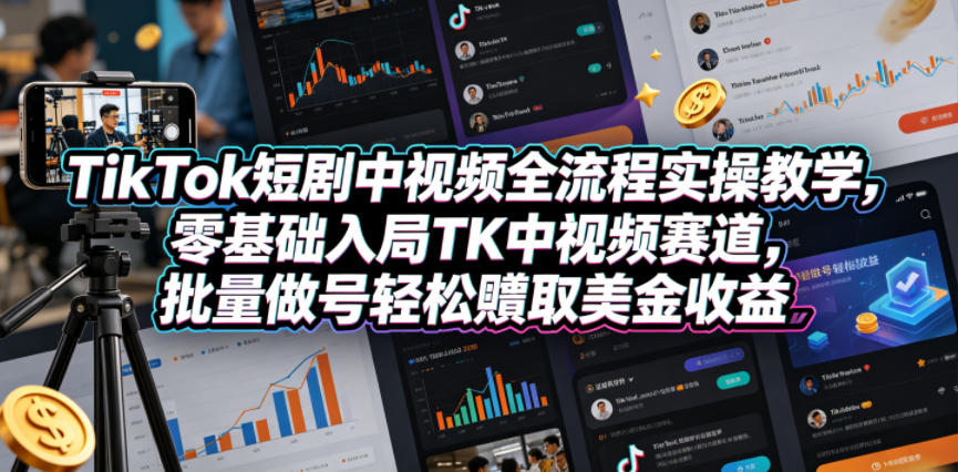 TikTok短剧中视频全流程实操教学，零基础入局TK中视频赛道，批量做号轻松賺取美金收益-藏宝阁