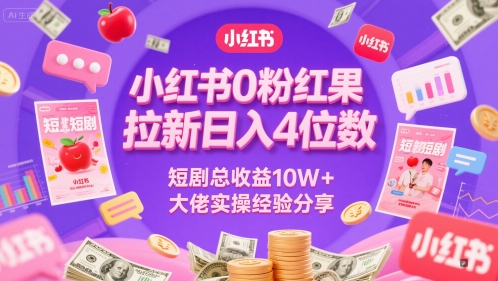 小红书0粉红果短剧拉新日入4位，数短剧总收益10W+大佬实操经验分享-藏宝阁