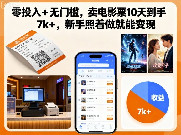 零投入+无门槛，卖电影票10天到手7k+，新手照着做就能变现【揭秘】-藏宝阁