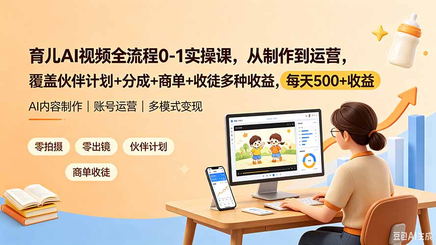 育儿AI视频全流程0-1实操课，从制作到运营，覆盖伙伴计划+分成+商单+收徒多种收益，每天500+收益-藏宝阁