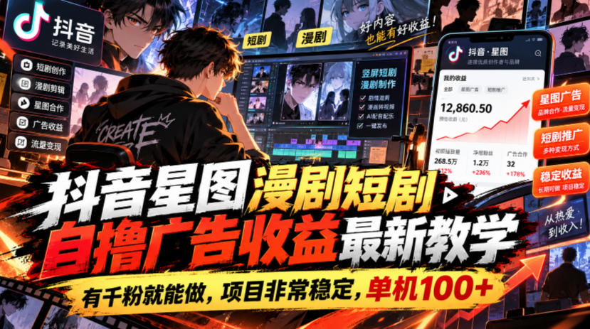 抖音星图漫剧短剧自撸广告收益最新教学，有千粉就能做，项目非常稳定，单机100+-藏宝阁