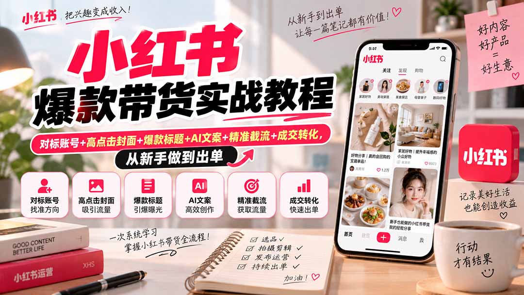 小红书爆款带货实战教程｜对标账号+高点击封面+爆款标题+AI文案+精准截流+成交转化，从新手做到出单-藏宝阁