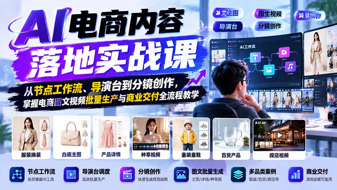 AI电商内容落地实战课：从节点工作流、导演台到分镜创作，掌握电商图文视频批量生产与商业交付全流程教学-藏宝阁