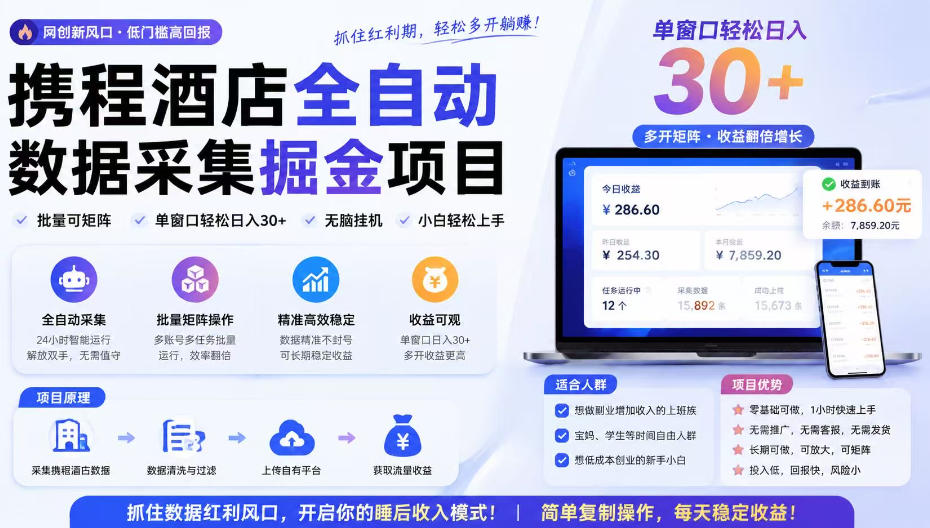 携程酒店采集挂G项目，批量可矩阵，单机轻松日入300+，开启你的睡后收入模式!【揭秘】-藏宝阁