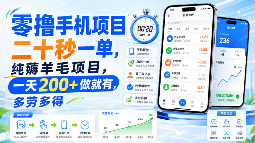 零撸手机项目，二十秒一单，纯薅羊毛项目，一天200+做就有，多劳多得【揭秘】-藏宝阁