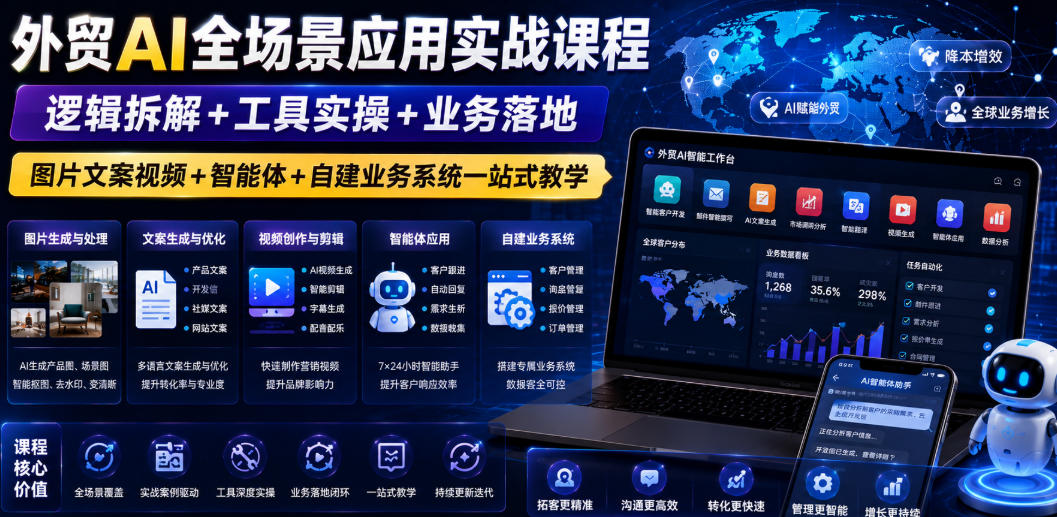 外贸AI全场景应用实战课程｜逻辑拆解+工具实操+业务落地，图片文案视频+智能体+自建业务系统一站式教学-藏宝阁