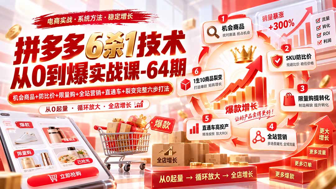 拼多多6杀1技术从0到爆实战课-64期：机会商品+防比价+限量购+全站营销+直通车+裂变完整六步打法-藏宝阁