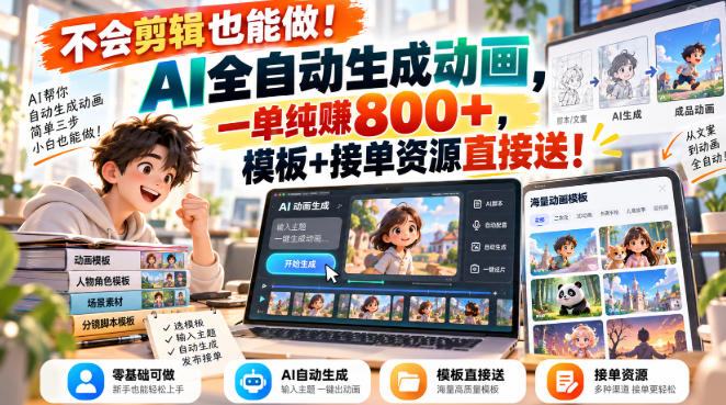 不会剪辑也能做！AI全自动生成动画，一单纯賺800+，模板+接单资源直接送！【揭秘】-藏宝阁