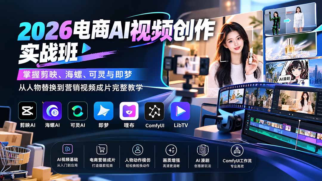 2026电商AI视频创作实战班：掌握剪映、海螺、可灵与即梦，从人物替换到营销视频成片完整教学-藏宝阁