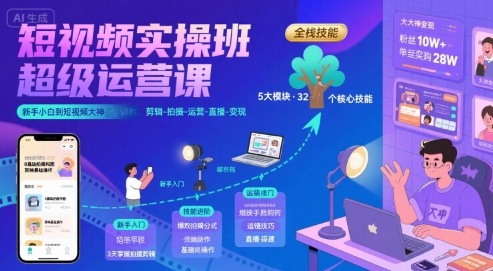 短视频实操班超级运营课，新手小白到短视频大神必修课程，剪辑-拍摄-运营-直播-变现-藏宝阁