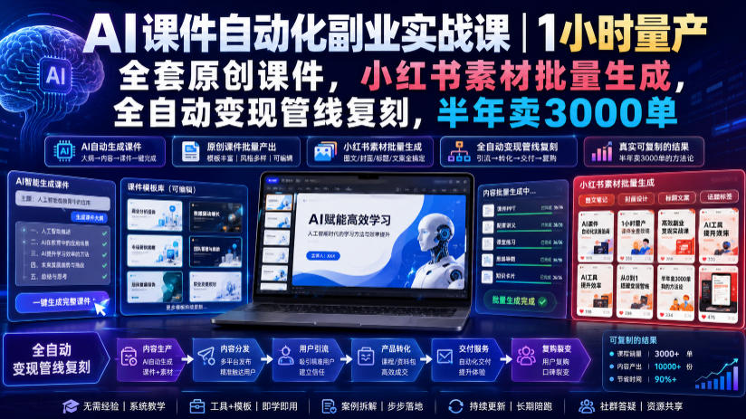 AI课件自动化副业实战课｜1小时量产全套原创课件，小红书素材批量生成，全自动变现管线复刻，半年卖3000单-藏宝阁