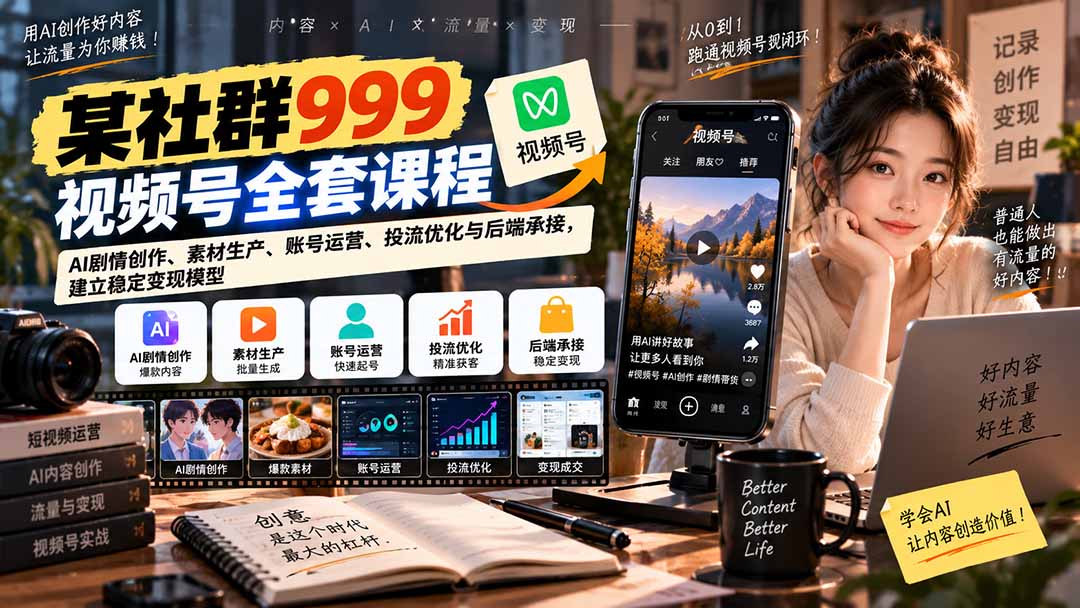 【无水印】某社群999视频号全套课程：AI剧情创作、素材生产、账号运营、投流优化与后端承接，建立稳定变现模型-藏宝阁