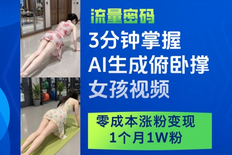 3分钟掌握AI生成俯卧撑女孩视频，零成本涨粉变现，1个月1W粉-藏宝阁