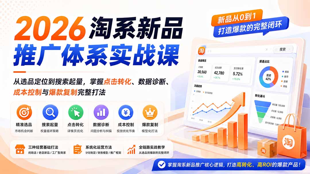 2026淘系新品推广体系实战课：从选品定位到搜索起量，掌握点击转化、数据诊断、成本控制与爆款复制完整打法-藏宝阁