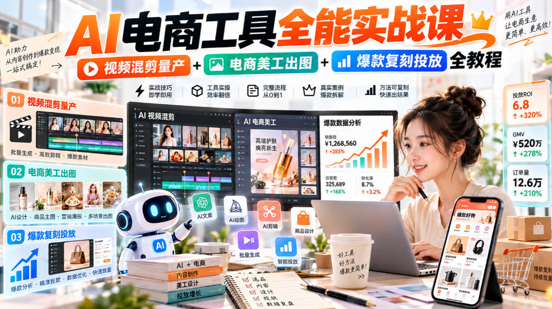 AI电商工具全能实战教学，视频混剪量产+电商美工出图+爆款复刻投放全教程​-藏宝阁