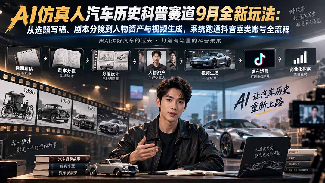 AI仿真人汽车历史科普赛道9月全新玩法：从选题写稿、剧本分镜到人物资产与视频生成，系统跑通抖音垂类账号全流程-藏宝阁