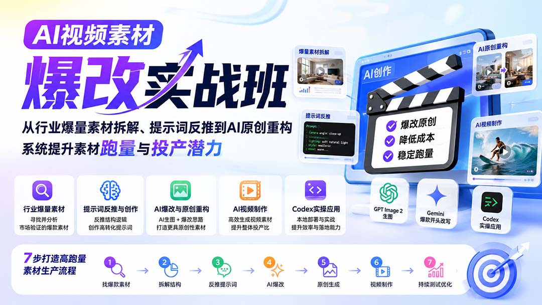 AI视频素材爆改实战班-更新8月：从行业爆量素材拆解、提示词反推到AI原创重构，系统提升素材跑量与投产潜力-藏宝阁