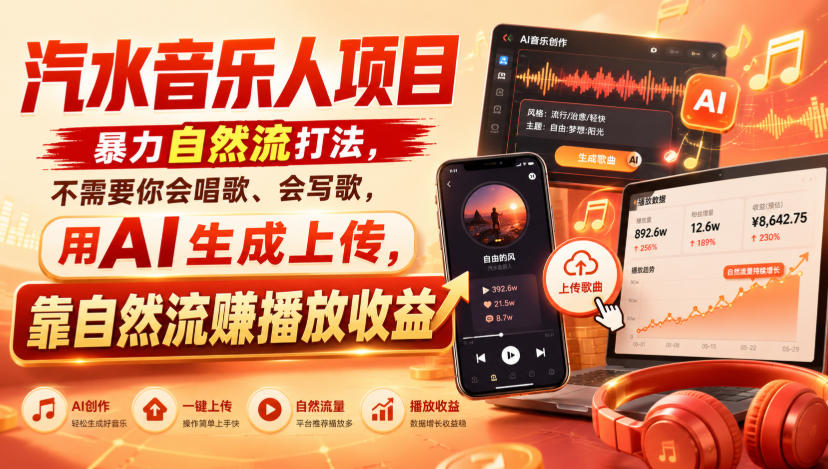 汽水音乐人项目，暴力自然流打法，不需要你会唱歌、会写歌，用AI生成上传，靠自然流賺播放收益-藏宝阁