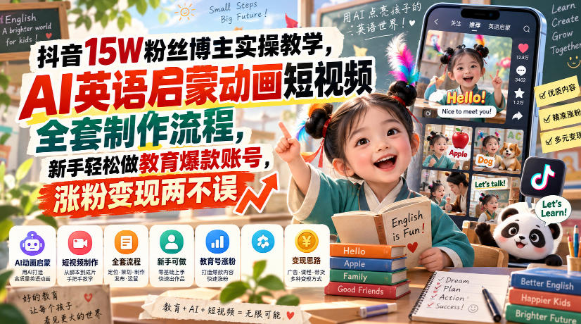 抖音15W粉丝博主实操教学，AI英语启蒙动画短视频全套制作流程，新手轻松做教育爆款账号，涨粉变现两不误-藏宝阁