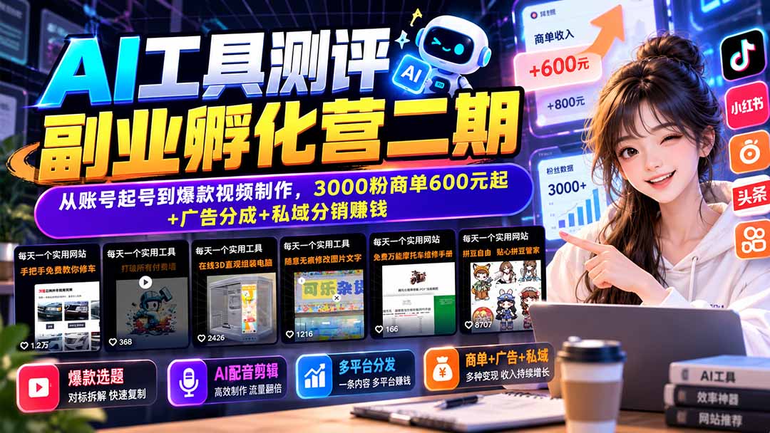 AI工具测评副业孵化营二期：从账号起号到爆款视频制作，3000粉商单600元起+广告分成+私域分销赚钱-藏宝阁