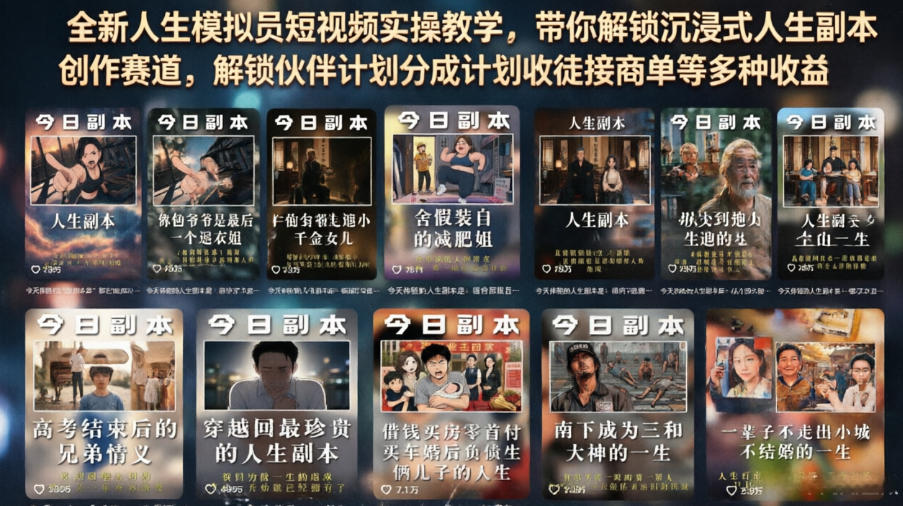 全新人生模拟员短视频实操教学，带你解锁沉浸式人生副本创作赛道，解锁伙伴计划分成计划收徒接商单等多种收益-藏宝阁