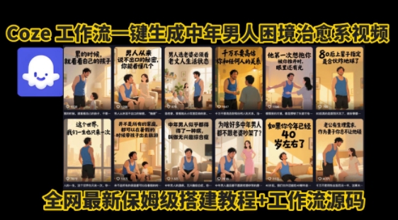 coze工作流一键生成”中年男人困境扎心高涨粉高播放量图文视频”保姆级拆解教程，无需剪辑，无需拍摄写文案-藏宝阁
