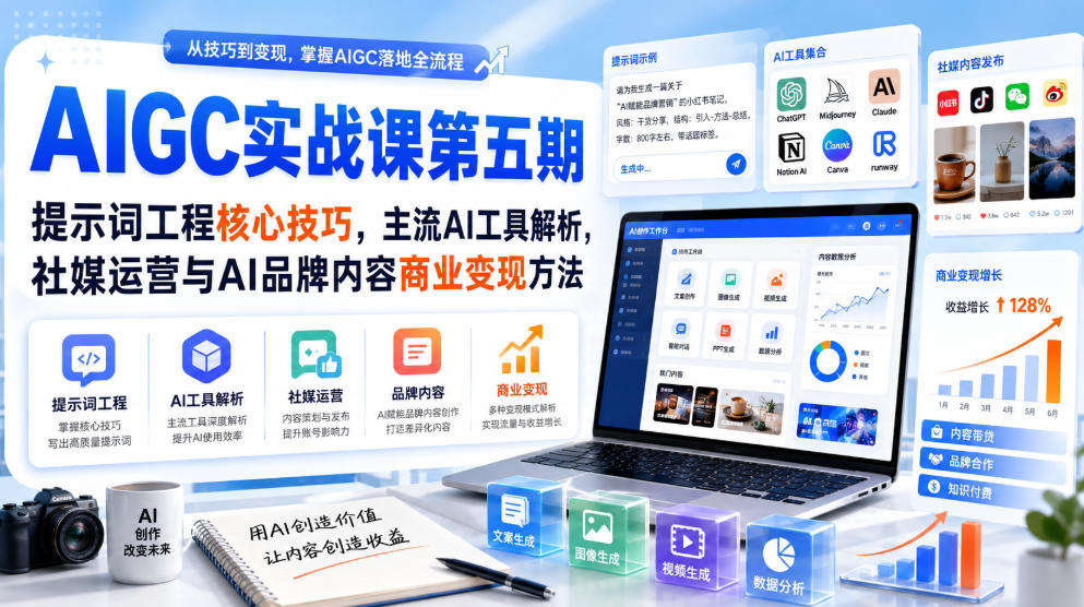 刺猬星球·AIGC实战课第五期，提示词工程核心技巧，主流AI工具解析，社媒运营与AI品牌内容商业变现方法-藏宝阁
