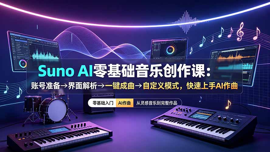 Suno AI零基础音乐创作课：账号准备→界面解析→一键成曲→自定义模式，快速上手AI作曲-藏宝阁